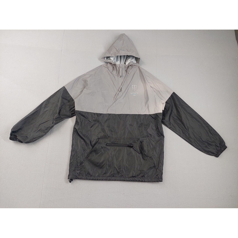 Monster Energy Men Windbreaker Jacket L Gray Black 1/4 Zip Hooded Pockets Casual